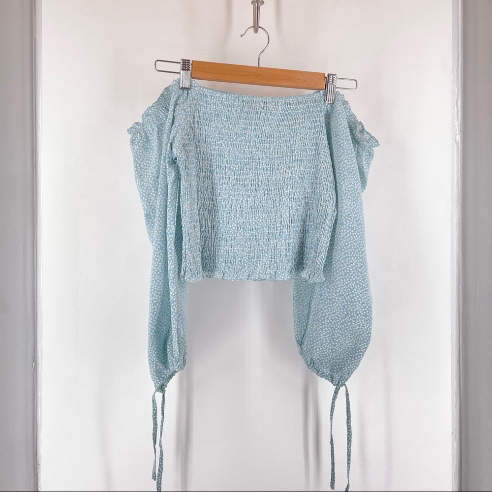 Princess Polly Off The Shoulder Blue and White Cinched Top Size US 6